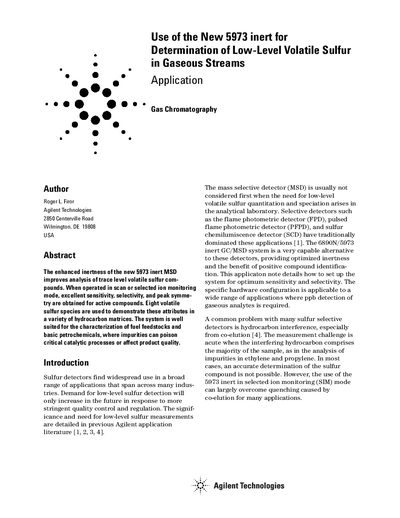 Agilent 5973 Inert MSD Application Note for Low-Level Volatile Sulfur Determination - cover page