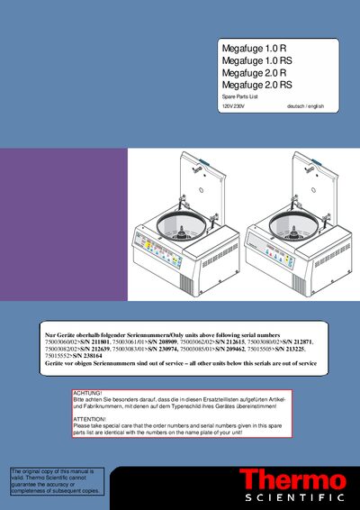 Kendro Megafuge 1.0 R/1.0 RS/2.0 R/2.0 RS Spare Parts List - cover page