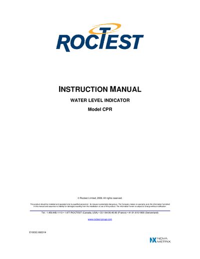 Roctest CPR Water Level Indicator Instruction Manual - cover page