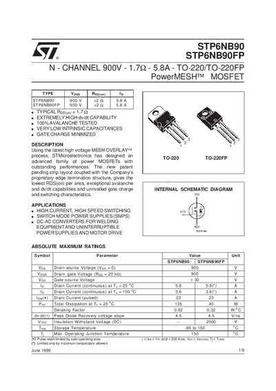 STMicroelectronics STP6NB90 / STP6NB90FP Power MOSFET Datasheet