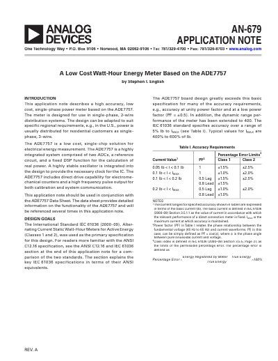 Analog Devices AN-679 ADE7757 Single-Phase Power Meter Application Note - cover page