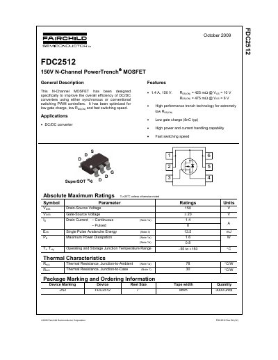 Fairchild Semiconductor FDC2512 150V N-Channel PowerTrench MOSFET Datasheet - cover page