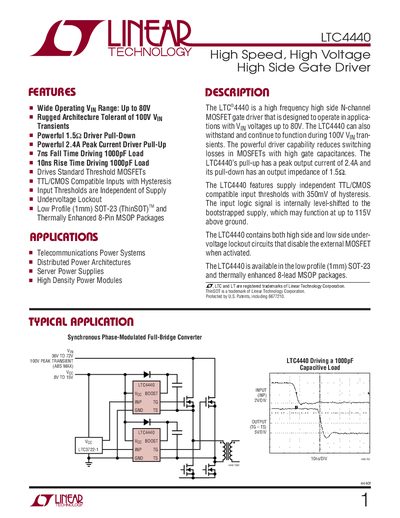 Linear Technology LTC4440 High Side Gate Driver Datasheet - cover page