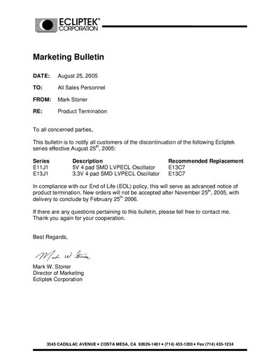 Ecliptek E11J1 Series Product Termination Bulletin - cover page