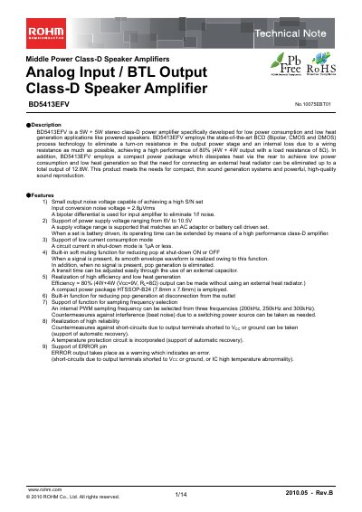 ROHM BD5413EFV Class‑D Speaker Amplifier Datasheet - cover page