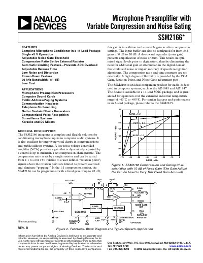 Analog Devices SSM2166 Microphone Preamplifier Datasheet - cover page