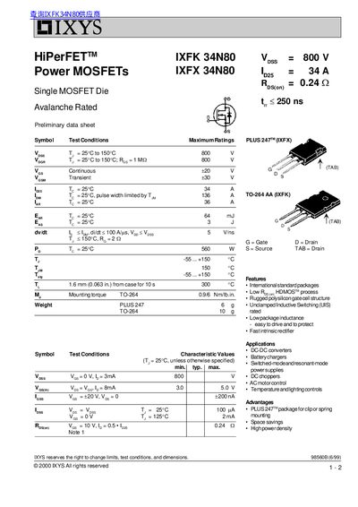 IXYS IXFK 34N80/IXFX 34N80 Preliminary Data Sheet - cover page