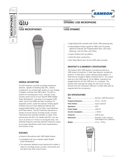 Samson Q1U Series USB Microphone Product Specification Sheet - cover page