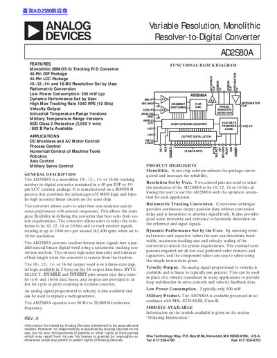 Analog Devices AD2S80A Resolver-to-Digital Converter Datasheet