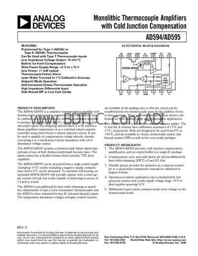 Analog Devices AD594/AD595 Thermocouple Amplifier Datasheet - cover page