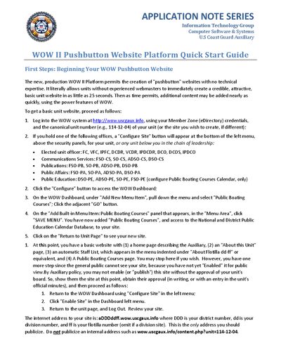 U.S. Coast Guard Auxiliary WOW II Pushbutton Website Platform Quick Start Guide - cover page