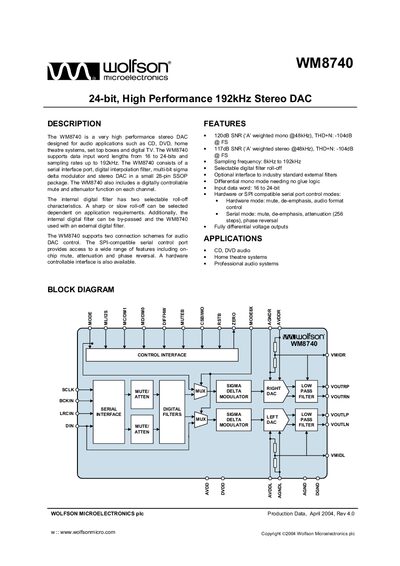 Wolfson WM8740 24-bit Stereo DAC Datasheet - cover page