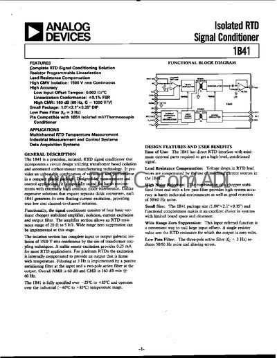 Analog Devices 1B41 Isolated RTD Signal Conditioner Datasheet - cover page