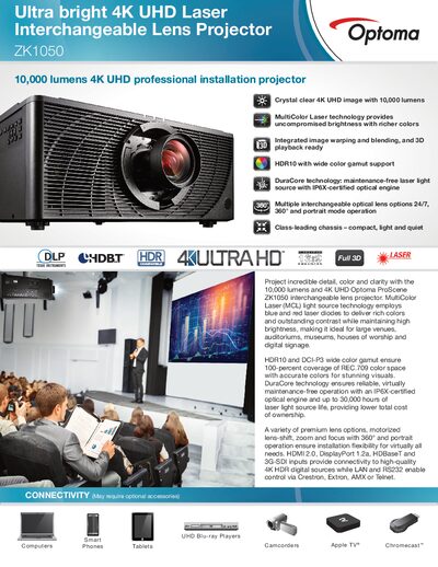 Optoma ZK1050 4K UHD Projector Product Specification Sheet - cover page
