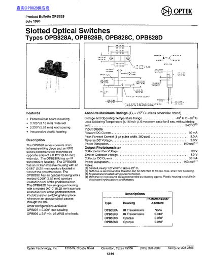 OPTEK OPB828A/828B/828C/828D Slotted Optical Switches - cover page