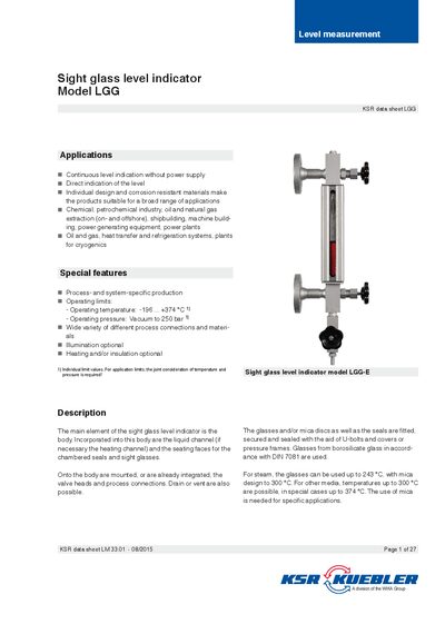 KSR LGG Sight Glass Level Indicator Data Sheet - cover page