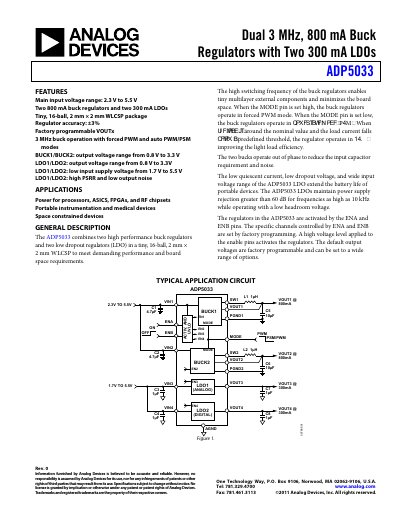 Analog Devices ADP5033 Dual 3 MHz Buck Regulator and LDO Datasheet - cover page
