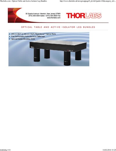 Thorlabs Nexus Optical Tables and Active Isolator Leg Bundles Product Leaflet - cover page