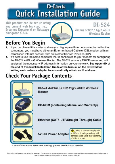 D-LINK DO-524 quick Installation GUIDE