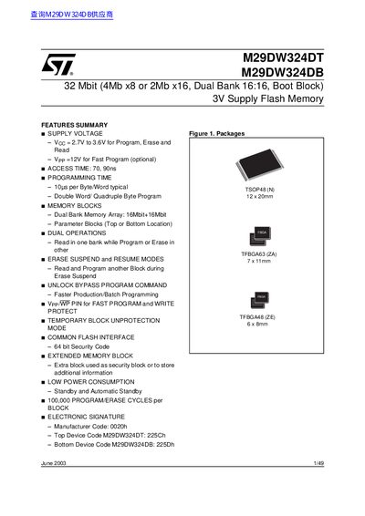 ST M29DW324DT M29DW324DB 32 Mbit (4Mb x8 or 2Mb x16 Dual Bank 16:16 Boot Block) 3V Supply Flash Memory handbook - cover page