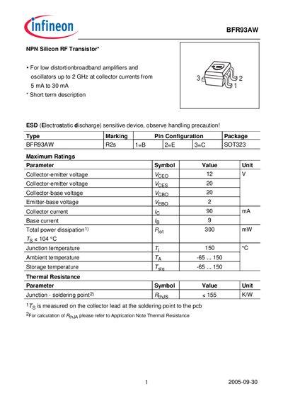 Infineon BFR93AW NPN Silicon RF Transistor Datasheet - cover page