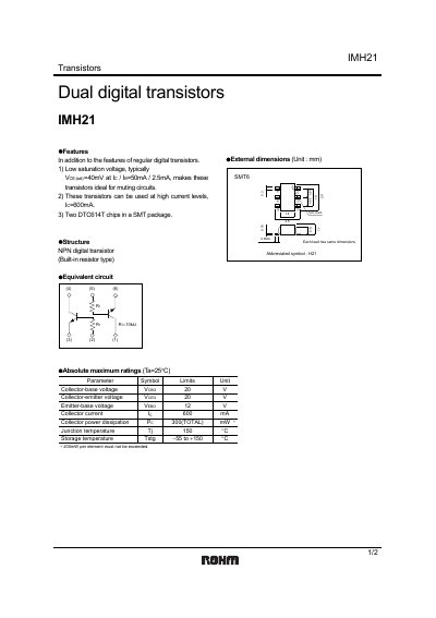 ROHM IMH21 Dual Digit Transistor Datasheet - cover page