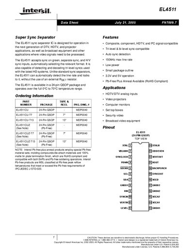 Intersil EL4511 Sync Separator Datasheet - cover page