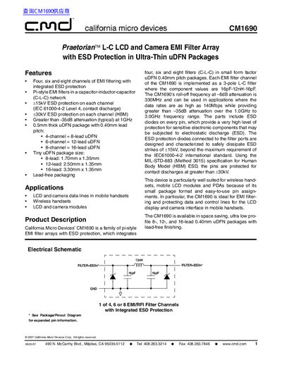 California Micro Devices CM1690 EMI Filter Array Datasheet - cover page