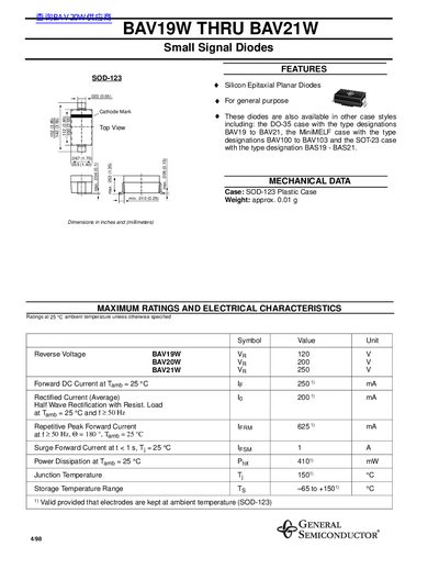 General Semiconductor BAV19W‑BAV21W Small Signal Diode Datasheet - cover page
