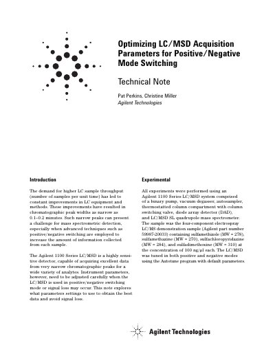 Optimizing LC/MSD Acquisition Parameters for Positive/Negative Mode Switching Technical Note - cover page