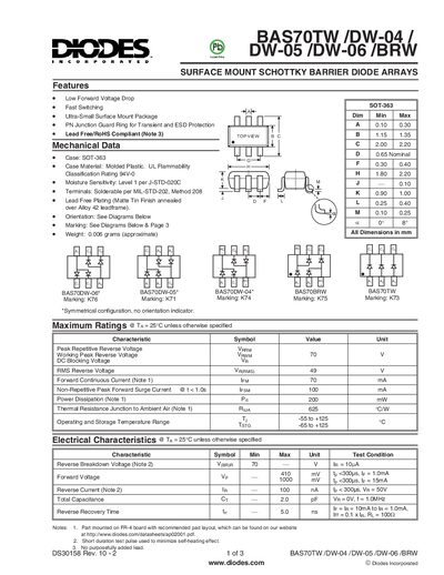 DIODES BAS70TW /DW-04 DW-05 /DW-06 /BRW Manual - cover page