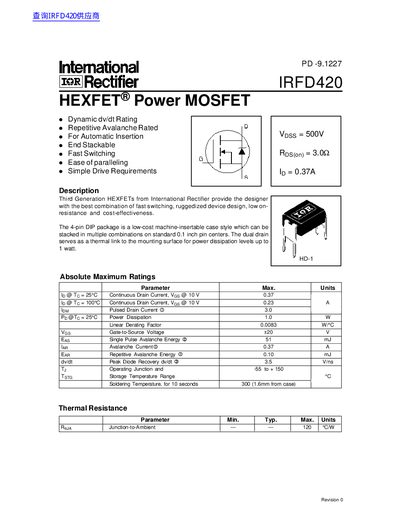 International Rectifier IRFD420 HEXFET Power MOSFET Datasheet - cover page