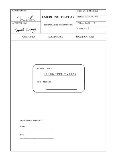 Emerging Display Technologies 32F10 CCFL LCD Module Datasheet - cover page