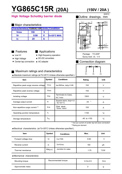 YG YG865C15R High Voltage Schottky Barrier Diode Datasheet - cover page