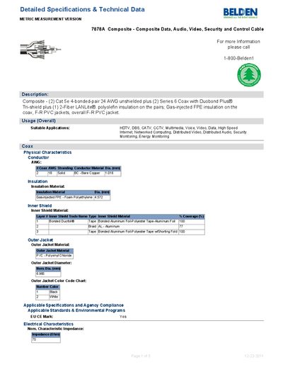 Belden 7878A Composite Cable Datasheet - cover page