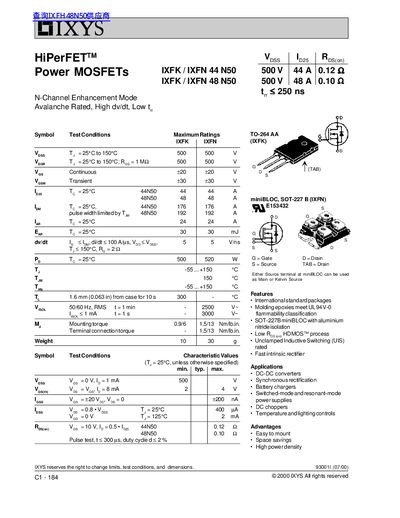 IXYS IXFK/IXFN 44N50/48N50 Power MOSFET Datasheet - cover page