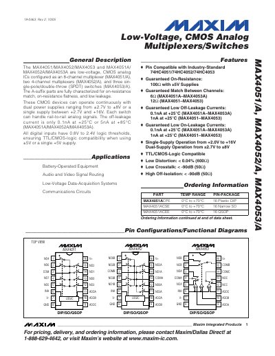 Maxim MAX4051/MAX4052/MAX4053 Analog Multiplexer Datasheet - cover page
