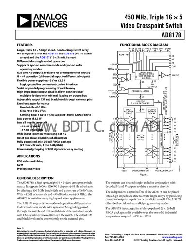 Analog Devices AD8178 Video Crosspoint Switch Datasheet - cover page
