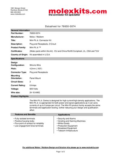 Molex 76650-0074 Mini-Fit Jr. Connector Kit Datasheet - cover page