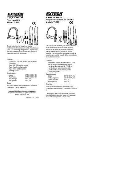 Extech TL809 Test Lead Kit Product Leaflet - cover page