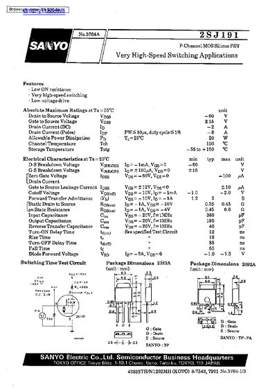 SANYO 2SJ191 P-Channel MOS Silicon FET Datasheet - cover page