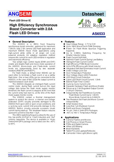 ANGSEMI AS6533 Flash LED Driver IC Datasheet - cover page