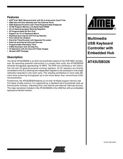 Atmel AT43USB326 Multimedia USB Keyboard Controller Manual - cover page