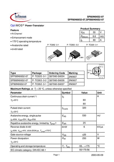 infineon SPI80N06S2-07 SPP80N06S2-07 SPB80N06S2-07 OptiMOS Power-Transistor - cover page