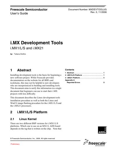 Freescale i.MX1/L/S and i.MX21 Development Tools User Guide - cover page