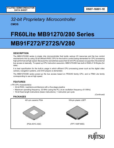 FUJITSU 32-bit Proprietary Microcontroller CMOS FR60Lite MB91270/280 Series MB91F272/F272S/V280 handbook - cover page