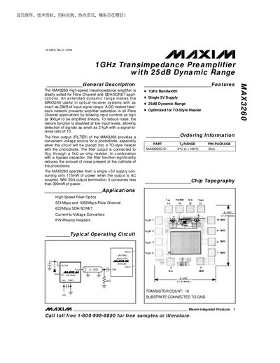 Maxim MAX3260 1GHz Transimpedance Preamplifier with 25dB Dynamic Range Datasheet - cover page