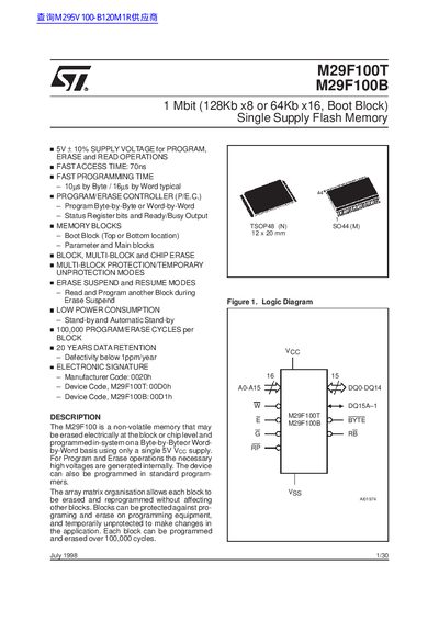STMicroelectronics M29F100T/M29F100B 1 Mbit Flash Memory Datasheet - cover page