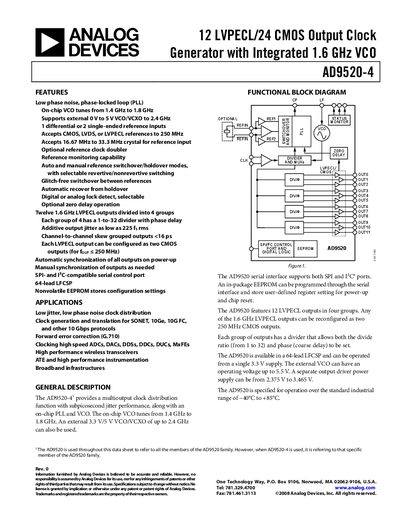 Analog Devices AD9520-4 Clock Generator Datasheet - cover page