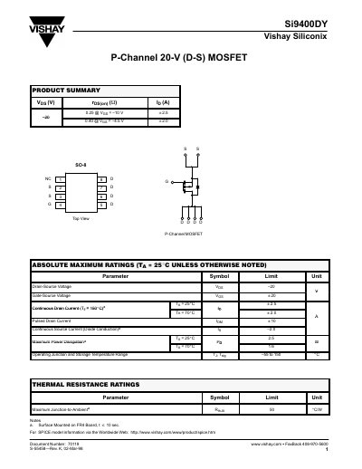 Vishay Si9400DY P-Channel MOSFET Datasheet - cover page